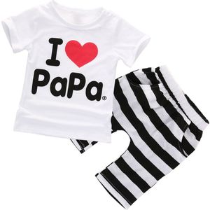 Baby Kleding 2 stuks Pasgeboren Peuter Baby Baby Jongen Meisjes Kleding Korte Mouw Brief T-shirt Tops + Gestreepte Broek Outfit set