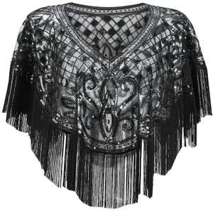 Tonval Vintage 1920s Sjaals Pashmina Kwastje Kralen Flapper Shawl Vrouwen Luxe Sequin Mesh Cape Cover Up Sjaals en Wraps