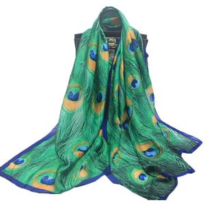 ZFQHJJ Vrouwen Luxe Chiffon Zijde Sjaal Groen Pauwenveer Print Lange Shawl Grote Pashmina Wraps Vrouwelijke Foulard 180x90 cm