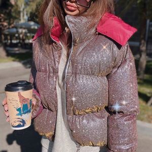 Vrouwen Winter Gewatteerde Jas Jas Glanzend Glitter Bubble Parka Chic Dikke Warme Puff Hooded Jassen Vrouwelijke Streetwear Zip Up Uitloper