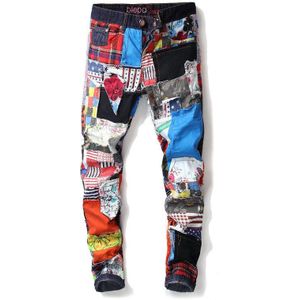 2022 Winter Mannen Patchwork Ripped Geborduurd Stretch Jeans Trendy Gaten Rechte Denim Trouers