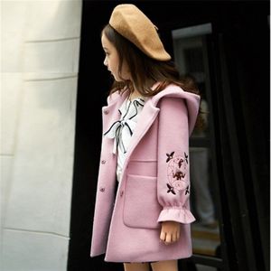 Winter Wollen Jas Voor Meisje 2022 Koreaanse Versie Mode Uitlopende Mouwen Jas Hooded Casual Slim Print Kinderkleding