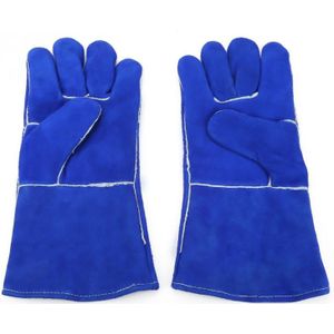 1 paar Blue Extended Lassen Beschermende Gear Lederen Handschoenen Hittebestendige voor Bakken/Koken/BBQ