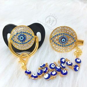 MIYOCAR blauw Bling evil eye fopspeen en clip set fopspeen chain holder bling kleurrijke mooie boze oog fopspeen AEYE-C