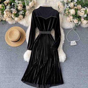 Yuoomuoo Rouje Franse Mesh Patchwork Vintage Fluwelen Vrouwen Jurk Dames Elegante Kralen Sjerpen Geplooide Lange Party Dress