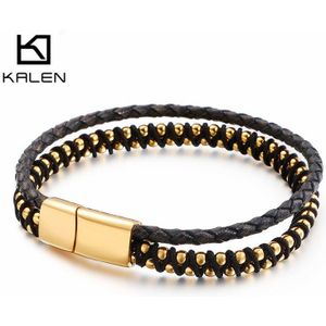 KALEN Vintage Double Layer Leren Armband Voor Mannen Vrouwen 19cm Rvs Rose Goud Zilver Link Chain Armband Mannelijke sieraden