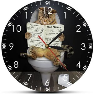 Krant Kat Op Wc Slaapkamer Stille Wandklok Funny Badkamer Wall Art Decoratieve Muur Horloge Voor Katteneigenaren