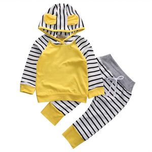 Pasgeboren Baby Jongens Meisjes Romper Hooded Sweatshirt Broek Gestreepte Lange Mouwen Hoodie Baby Kinderen Vallen Kleren