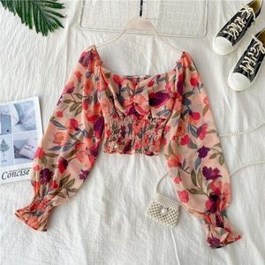 Neploe Retro Houten Oor Print Blouse Strand Stijl Slim Fit Plooi Blusas Vierkante Kraag Off Shoulder Chiffon Shirt 48982