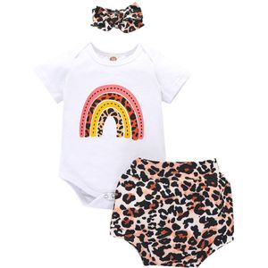 Pasgeboren Baby Zomer Outfit Meisjes Korte Mouw Ronde Hals Rainbow Print Romper + Luipaard Shorts En Hoofdband Set
