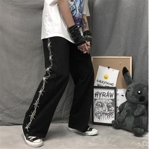 Harajuku Retro Vrouwen Broek Doornen Gedrukt Elastische Taille Losse Wijde Pijpen Broek Zomer Streetwear Grunge Dark Casual Broek Unisex