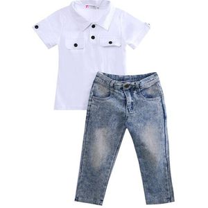 2Pcs Casual Zomer Pasgeboren Baby Jongens Lange Mouwen Turn-Down Kraag Trui Katoen Wit Shirt Tops denim Broek 2-7Y