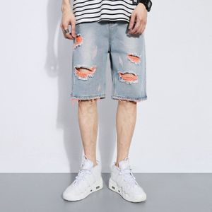 Katoen Gat Effen Kleur Denim Shorts Heren Zomer Trend Casual Alle-Wedstrijd Plus Size Losse Rechte Knie Lange jeans Shorts