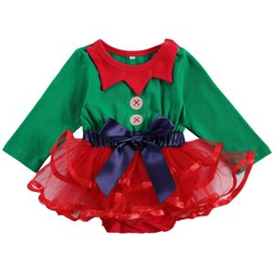 Focusnorm Kerst 0-18M Pasgeboren Baby Meisjes Jongens Rompertjes Jurk Patchwork Lange Mouwen Lace Strik Tutu Jurk Jumpsuits