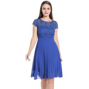 Tonval Blauw Elegante Werkkleding Kanten Jurk Vrouwen Geplooid Chiffon Casual Hoge Taille Zomer Office Lady Swing Jurken