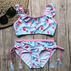 4-12 jaar Tweedelige Kinderen Badmode Meisjes Bloemen Meisje Bikini Set Falbala Meisje Badpak Kids Fringe Kind Meisje zwemkleding Strand