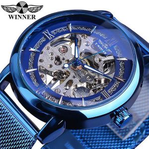 Winnaar Zilver Mechanisch Horloge Automatische mannen Skelet Mesh Band Steampunk Transparant Rvs Sport Horloge