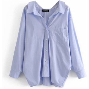 Evfer Vrouwen Casual Za Blauwe Losse Poplin Shirts Oversize Tops Dames Lange Mouwen Single Breasted Turn-Down Kraag blouse