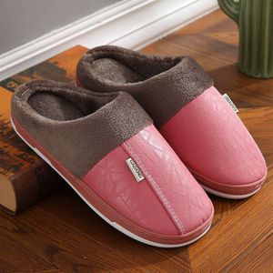 Winter Vrouwen Slippers Indoor Waterdicht Warm Slippers Thuis Bont Paar Schoenen Platte Dames Pu Leer Mannen Slipper Katoen Schoenen