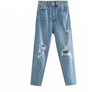 Za Faded Hoge Taille Jeans Met Vijf-Pocket Ripped Detaillering Op De Voorkant En Ritssluiting En metalen Top Knop Fastenins