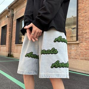 Massaal Borduurwerk Denim Shorts Zomer Mannen Koreaanse High Street Korte Jean Broek Mannelijke Losse Straight Hip Hop Korte Jeans