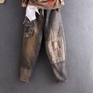 Lente Herfst Vrouwen Elastische Taille Katoen Denim Harembroek Borduurwerk Vintage Gescheurde Jeans Plus Size Losse Denim Jeans D539