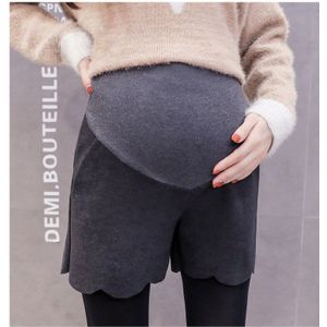 Zwangere Vrouwen Korte Laarzen Broek Zwart Donker Grijs Hoge Taille Katoen Patchwork Wollen Buik Broek Moederschap Buik Shorts