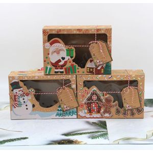 3Pcs Mix Stijl Kraftpapier Doos Kerst Cookie Dozen Donut Geschenkdozen Met Clear Window Label Crad Diy kerst Gunsten