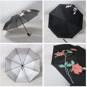 Drie Opvouwbare Paraplu Kleur Veranderende Rose Patroon Automatische Vrouwen Paraplu Zwarte Coating Parasol Winddicht Sterke Paraplu