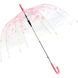 Showersmile Transparante Paraplu Voor Vrouwen Roze Lange Handvat Romantische Sakura Kooi Paraplu Zon Regen Vogelkooi Bruiloft Parapluie