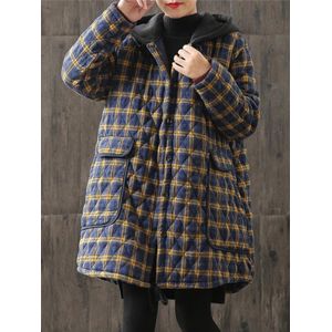 Johnature Vrouwen Hooded Plaid Parka Vintage Knop Jassen Losse Herfst Winter Zakken Vrouwelijke Toevallige Warme Parka Jassen