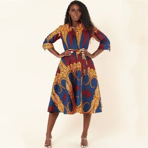 Vrouwen Gedrukt Jurk Een Lijn Hoge Taille Drie Kwart Mouwen Met Taille Riem Afrikaanse Mode Vrouwelijke Shirt Jurken Plus Size dames