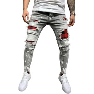 Mode Heren Jeans Spliced Ripped Denim Broek Potlood Jeans Slim Patch Broek Rood Check Plaid Broek Elastische Taille S-3XL