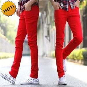 Stijl Mode Casual Jongen Solid Red Geboeid Been Mannen Skinny Stretch Tieners Potlood Broek Denim Homme Jeans 27 -34