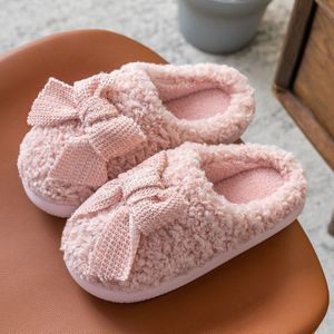 Winter Dikke Zool Platform Vrouwen Bont Slippers Leuke Boog-knoop Warm Pluche Indoor Flats Slaapkamer Roze Dames Harige Slides