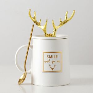 Creatieve Paar Mok Nordic Keramische Gewei Kerstcadeau Thuis Met Deksel En Lepel Melk Koffie Ontbijt Cup Keuken Drinkbeker