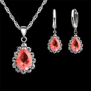 925 Sterling Zilveren Oorbellen Ketting Sets Roze/Blauw/Grijs/Rood/Groen/Paars Druppels Water De crystal Voor Vrouwen Bruiloft