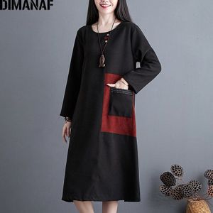 Dimanaf Plus Size Vrouwen Jurk Vintage Lange Mouwen Lady Vestidos Losse Casual Jurk Spliced Pocket Herfst Winter Kleding