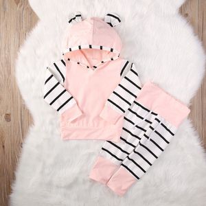 Baby Gestreepte Peuter Pasgeboren Baby Meisje Hooded Top Lange Broek Outfits 2 Stuks Roze Casual Kleding Set