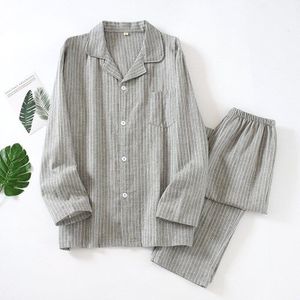 Mannen Verticale Gestreepte Nachtkleding Lange Mouw Gaas Heren Pyjama Plus Size Eenvoudige Katoenen Nachtkleding 2 Stuk Lounge Set Thuis Kleren