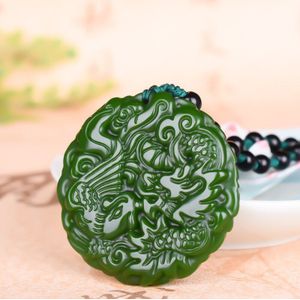 Chinese Natuurlijke Groene Jade Dragon Phoenix Hanger Ketting Hand-Gesneden Charm Jadeïet Sieraden Mode Amulet Voor Mannen Vrouwen