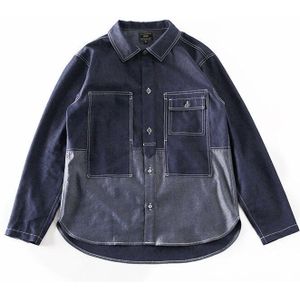 Colorblock Denim Cargo Shirt Mannen Street Casual Multi-Pocket Revers Lange Mouwen Contrast Stiksels Shirts Heren