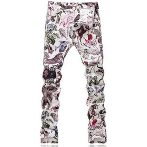 Dier Mannen 3D Bloem Gedrukt Jeans Mannelijke Bar Club Gekleurde Tekening Paiting Broek Slim Fit Stretch Katoen Denim Lange broek