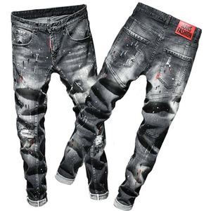 Eh · Md®Gescheurd Gat Jeans Mannen Verf Stippen Inkt Spetterde Zachte Katoen Hoge Elastische Lederen Label Zwart Grijs Slanke Broek Rood oren