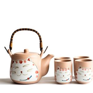 5Pcs Lucky Cat Keramische Thee Pot Mokken Kit Met Zeef Woondecoratie Japanse Keramische Teatool Stijl Wineware set