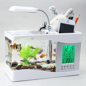 1Pcdc 5V Usb Desktop Mini Aquarium Aquarium Lcd Timer Klok Led Lamp Licht Zwarte Kleur 24*10*14Cm