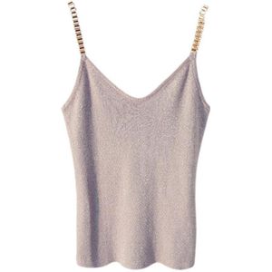 Vrouwen Mouwloze Tank Tops Sexy Vrouwelijke V-hals Gebreide Hemdje Club Meisjes Spaghetti Metalen Band Camis Dunne Shiny Glitter Bling 2