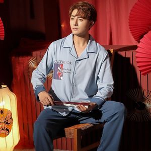 Katoen Mannen Lange Mouw Pyjama Set Herfst Turn Down Blauwe Mannelijke Nachtkleding Broek Pyjama Sets Koreaanse Nachtkleding Pakken