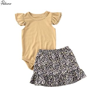 Pasgeboren Baby Girl Fly Mouw Ruches Romper Bodysuit + Luipaard Rok Zomer Outfit Kleding Set