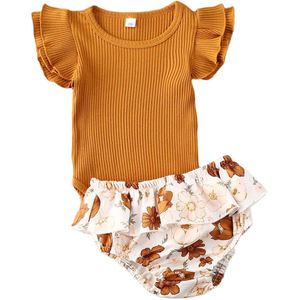 0-24M Pasgeboren Baby Meisje Gebreide Geribbelde Tops Body Bloemen Bottoms Shorts 2Pcs Sunsuit